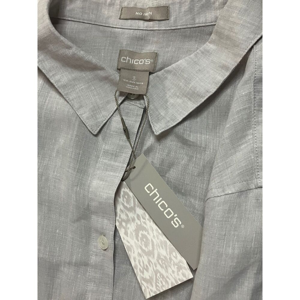 Chico's No Iron Linen Shirt 3 XL Gray Button Down Roll Tab Sleeve NWT - Picture 7 of 8